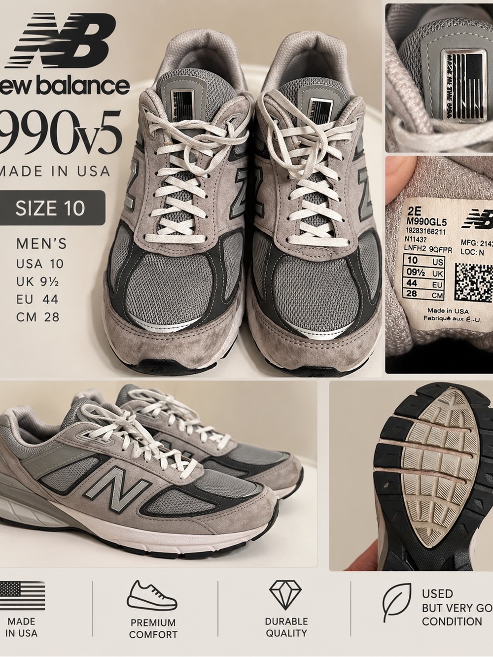 New Balance 990v5 Men's Athletic Shoes — Gray and Black